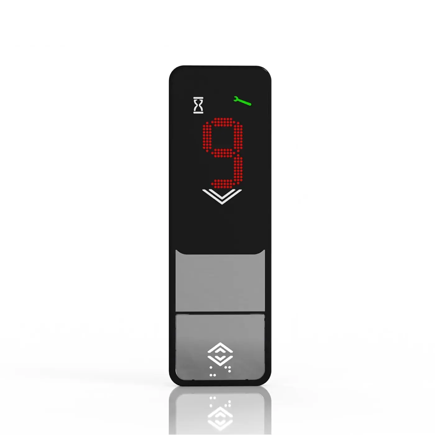Vega Steel — with indicator, one button, brushed steel — landing call panel, product view